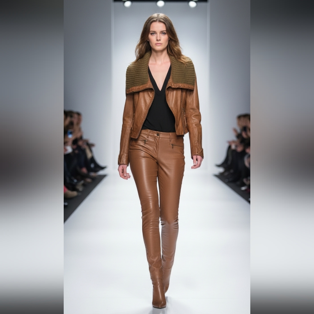 Michael Kors Soft Distressed Leather Jacket with Knit Collar